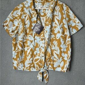 Ava & Viv No Gap Gold Floral Button Front Top Blouse Size X New
